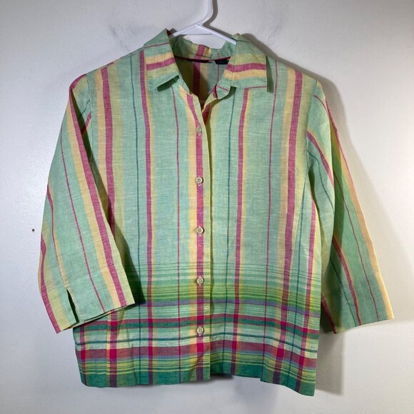 Womens Westbound Striped Linen Button Shirt 3/4 Sleeve 6 Green Yellow Red Flaw - Picture 1 of 11